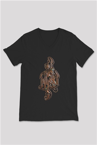 The Hu Baskılı Unisex Siyah V Yaka Tişört - Tshirt