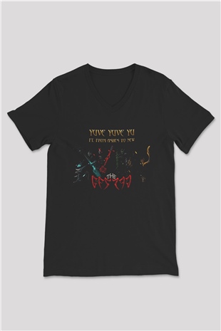 The Hu Baskılı Unisex Siyah V Yaka Tişört - Tshirt