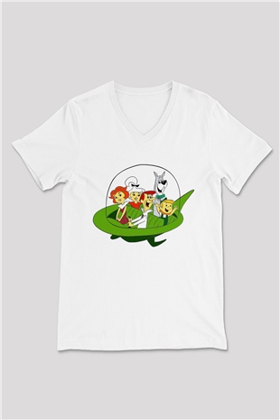 The Jetsons Jetsonlar Beyaz Unisex V Yaka Tişört