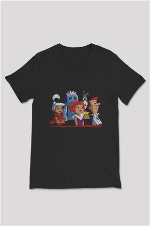 The Jetsons Jetsonlar Siyah Unisex  V Yaka Tişört