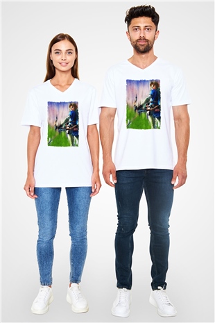 The Legend of Zelda Beyaz Unisex  V Yaka Tişört