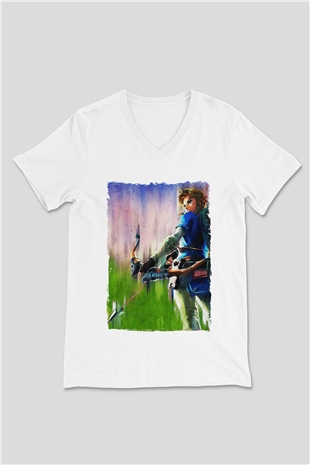 The Legend of Zelda Beyaz Unisex  V Yaka Tişört