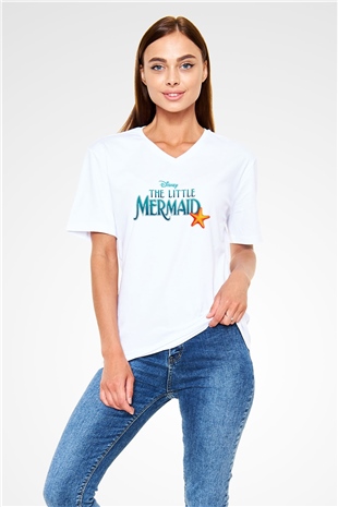 The Little Mermaid Beyaz Unisex V Yaka Tişört T-Shirt