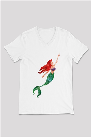 The Little Mermaid Beyaz Unisex V Yaka Tişört T-Shirt