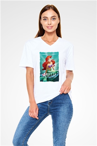 The Little Mermaid Beyaz Unisex V Yaka Tişört