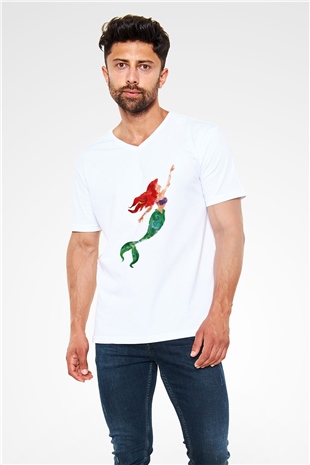 The Little Mermaid Beyaz Unisex V Yaka Tişört T-Shirt