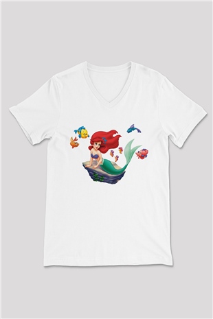 The Little Mermaid Beyaz Unisex V Yaka Tişört T-Shirt