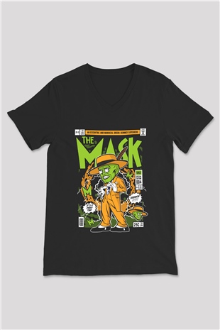 The Mask Yeşil Maske Baskılı Unisex Siyah V Yaka Tişört