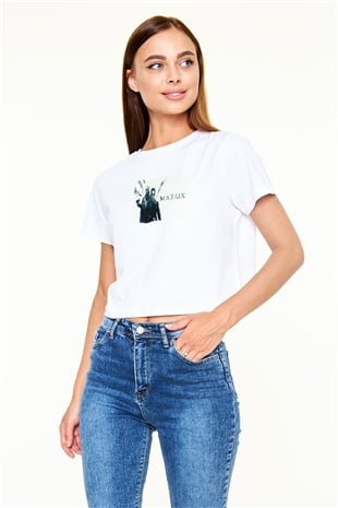 The Matrix Beyaz  Crop Top Tişört