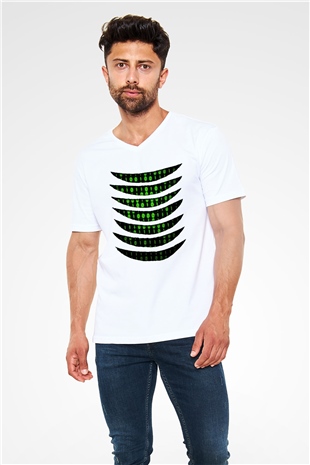 The Matrix Beyaz Unisex V Yaka Tişört T-Shirt