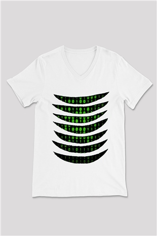 The Matrix Beyaz Unisex V Yaka Tişört T-Shirt