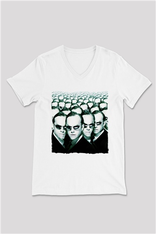 The Matrix Beyaz Unisex V Yaka Tişört