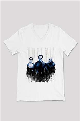 The Matrix Beyaz Unisex V Yaka Tişört
