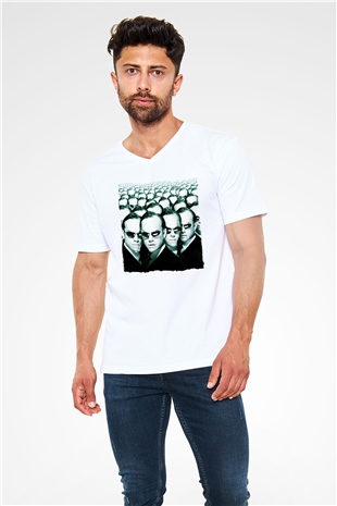 The Matrix Beyaz Unisex V Yaka Tişört