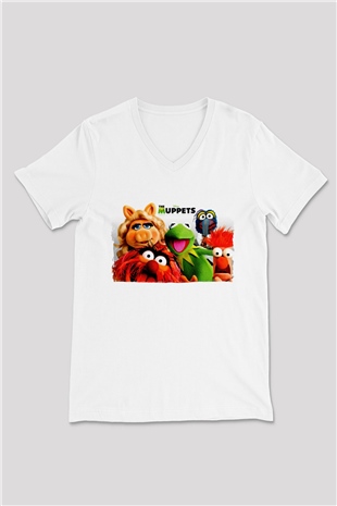 The Muppets Beyaz Unisex  V Yaka Tişört