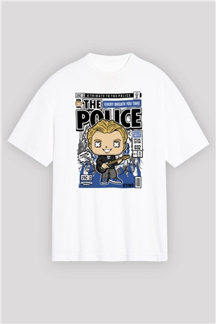 The Police Sting Baskılı Unisex Beyaz Oversize Tişört