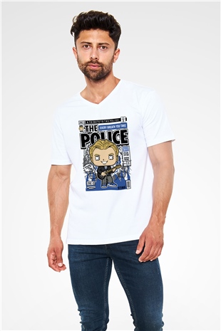 The Police Sting Baskılı Unisex Beyaz V Yaka Tişört