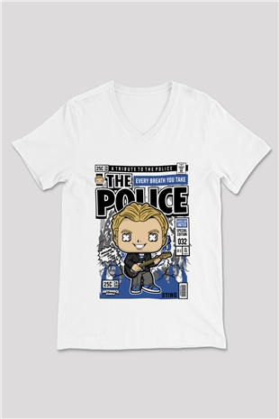 The Police Sting Baskılı Unisex Beyaz V Yaka Tişört
