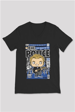 The Police Sting Baskılı Unisex Siyah V Yaka Tişört