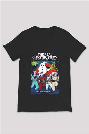 The Real Ghostbusters Hayalet Avcıları Siyah Unisex  V Yaka Tişört
