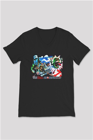 The Real Ghostbusters Hayalet Avcıları Siyah Unisex V Yaka Tişört