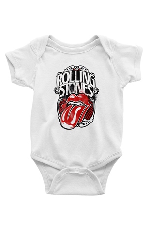 The Rolling Stones Logo Baskılı Beyaz Unisex Bebek Body - Zıbın