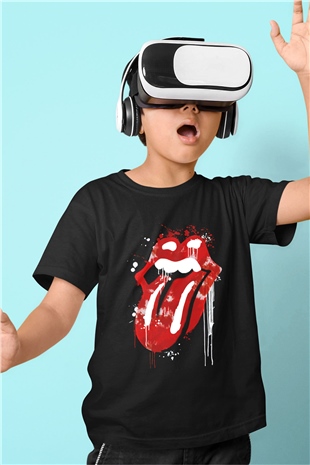 The Rolling Stones Logo Baskılı Siyah Unisex Çocuk Tişört