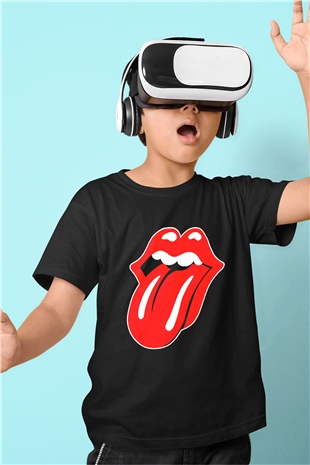 The Rolling Stones Logo Baskılı Siyah Unisex Çocuk Tişört