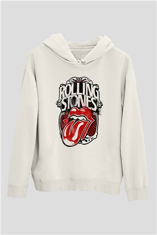 The Rolling Stones Logo Beyaz Unisex Kapşonlu Sweatshirt