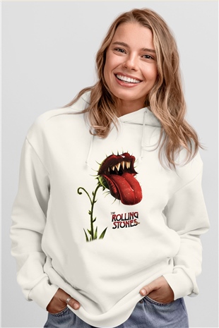 The Rolling Stones Logo Beyaz Unisex Kapşonlu Sweatshirt