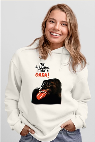 The Rolling Stones Logo Beyaz Unisex Kapşonlu Sweatshirt
