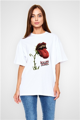 The Rolling Stones Logo Beyaz Unisex Oversize Tişört T-Shirt
