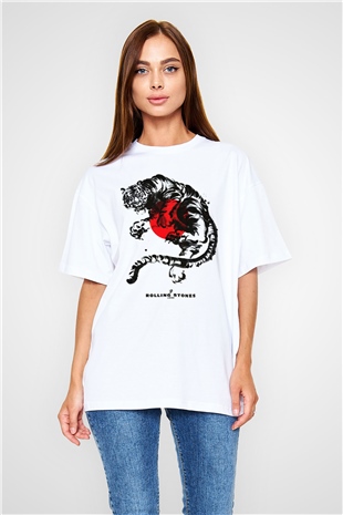 The Rolling Stones Logo Beyaz Unisex Oversize Tişört T-Shirt
