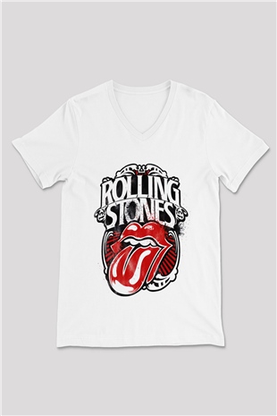 The Rolling Stones Logo Beyaz Unisex V Yaka Tişört T-Shirt