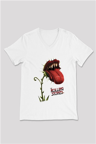 The Rolling Stones Logo Beyaz Unisex V Yaka Tişört T-Shirt