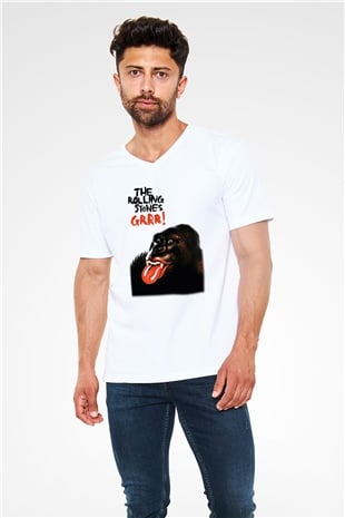 The Rolling Stones Logo Beyaz Unisex V Yaka Tişört T-Shirt