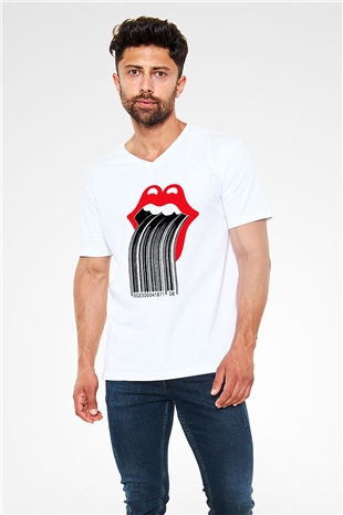 The Rolling Stones Logo Beyaz Unisex V Yaka Tişört T-Shirt