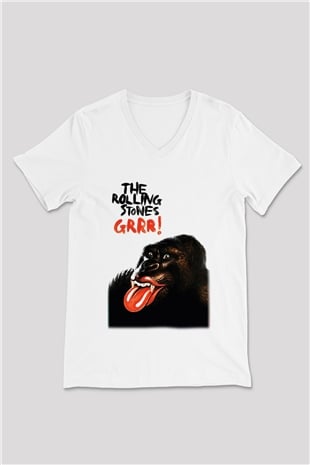 The Rolling Stones Logo Beyaz Unisex V Yaka Tişört T-Shirt