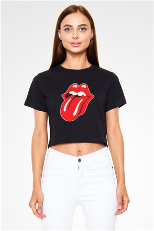 The Rolling Stones Logo Siyah Crop Top Tişört