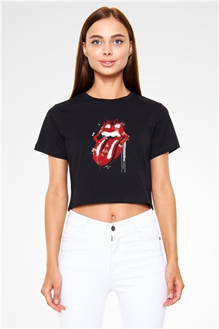 The Rolling Stones Logo Siyah Crop Top Tişört