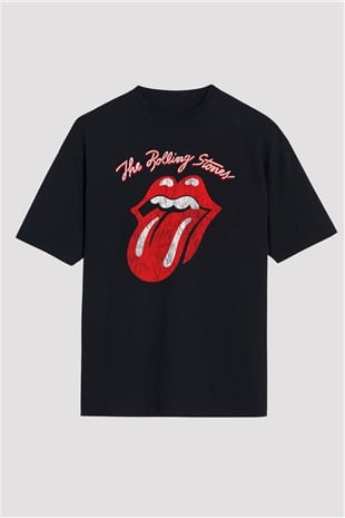 The Rolling Stones Logo Siyah Unisex Oversize Tişört T-Shirt