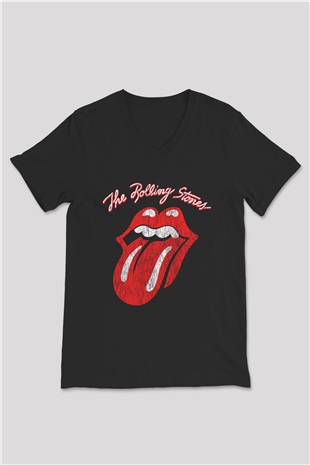 The Rolling Stones Logo Siyah Unisex V Yaka Tişört T-Shirt