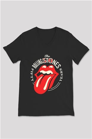 The Rolling Stones Logo Siyah Unisex V Yaka Tişört T-Shirt