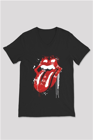 The Rolling Stones Logo Siyah Unisex V Yaka Tişört T-Shirt
