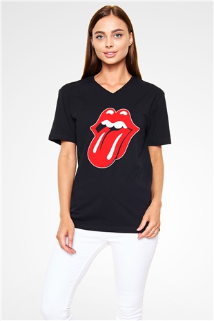 The Rolling Stones Logo Siyah Unisex V Yaka Tişört T-Shirt