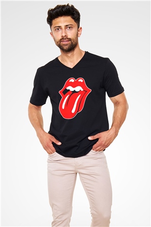 The Rolling Stones Logo Siyah Unisex V Yaka Tişört T-Shirt