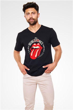 The Rolling Stones Logo Siyah Unisex V Yaka Tişört T-Shirt