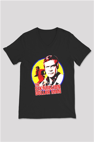 The Six Million Man Dollar Siyah Unisex  V Yaka Tişört