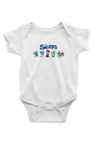 The Smurfs Şirinler Baskılı Beyaz Unisex Bebek Body - Zıbın