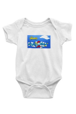 The Smurfs Şirinler Baskılı Beyaz Unisex Bebek Body - Zıbın